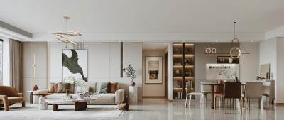 现代客餐厅 沙发茶几组合 餐桌椅 电视背景墙 餐边柜